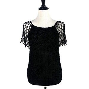 tg Y2K Gothic Knit Crochet Sweater Tank Black M Fishnet Collar Grunge